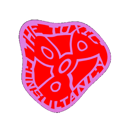 A red and pink logo saying The Toxic Consultancy. The symbol looks like a hazard logo made out of small hollow circles