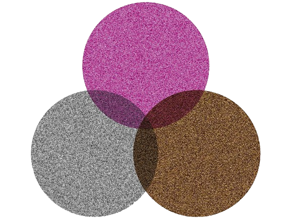 Three interlocking circles textured with noise static. The circles are pink, white, and brown